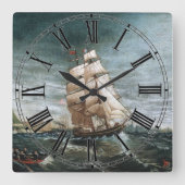 クリッパー船でニューヨーク港1890 スクエア壁時計 (正面)