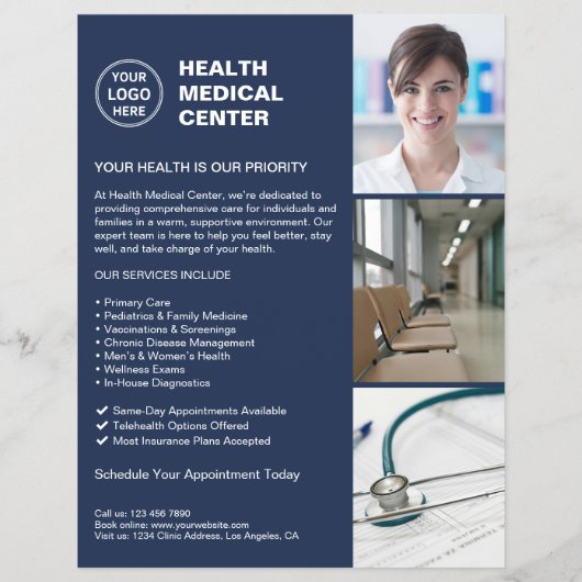 クリニックモダンドクターヘルスケアロゴネイビーブルー チラシ (正面)