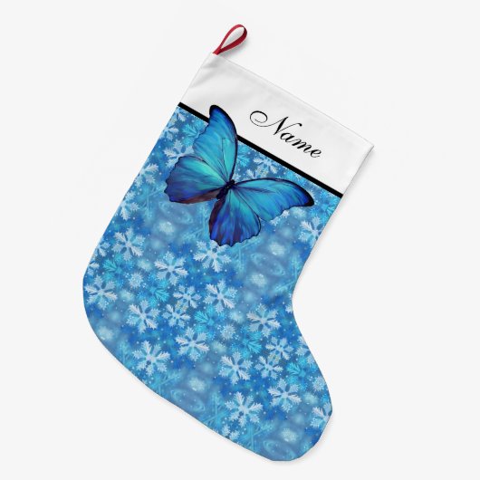 クリパーソナライズされたスマスストッキング-青い蝶 ラージクリスマスストッキング (正面 (吊り時))