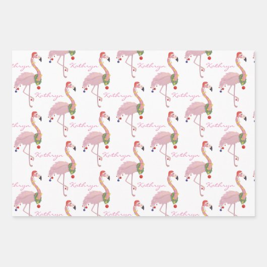 クリパーソナライズされたスマスフラミンゴス ラッピングペーパーシート (正面)
