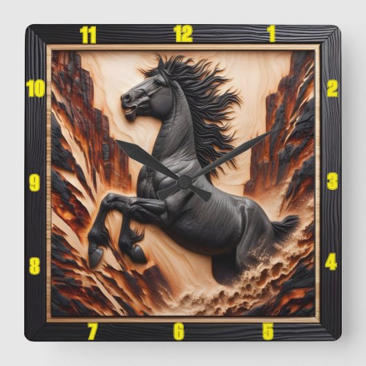 クリフギャロップパーソナライズされた:チャールド木材マスタング スクエア壁時計 (正面)