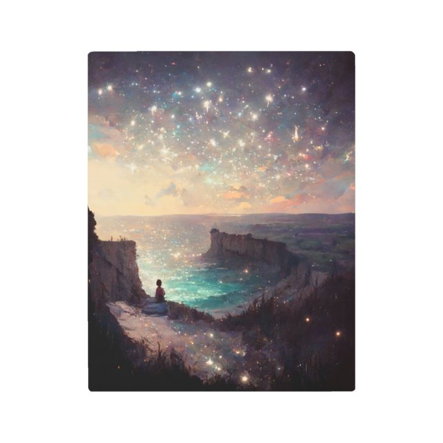 クリフサイドナイトファンタジーランドスケープSci-Fi メタルプリント (正面)