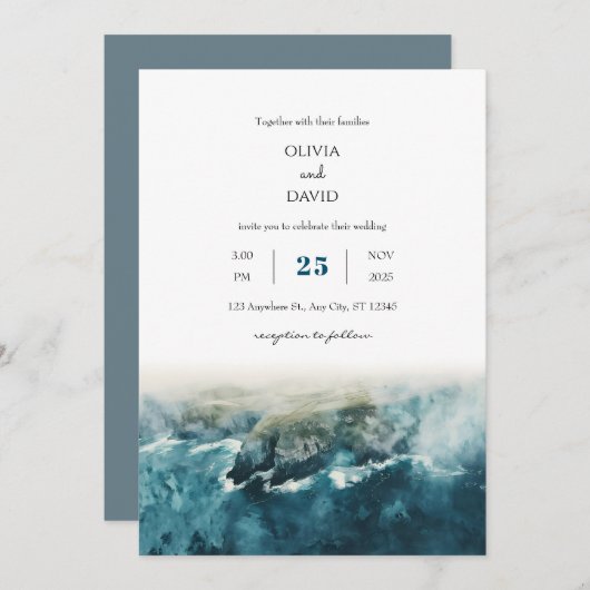 クリフスハイランドコーストウォーターカラービーチ結婚式 招待状 (正面/裏面)
