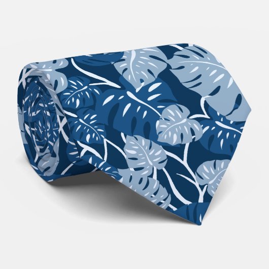 クリフハンガーハワイアンモンステラリーフインディゴブルー ネクタイ (ロール)