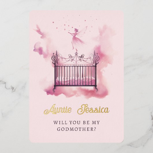 クリブ妖精の水の色の写真ゴッドマザー提案 箔招待状 (正面)