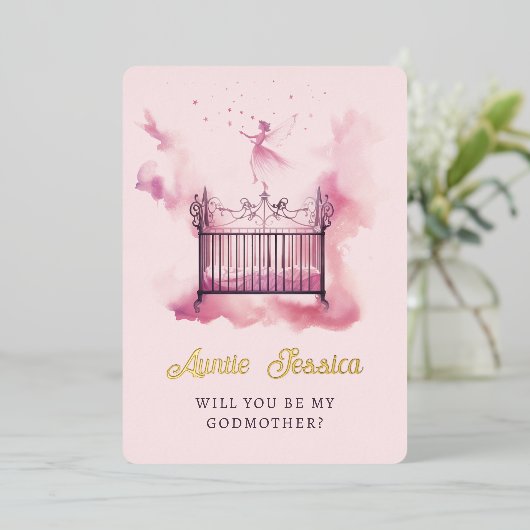 クリブ妖精の水の色の写真ゴッドマザー提案 箔招待状 (立ち正面)