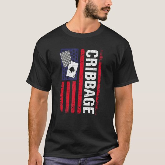 クリベッジアメリカ国旗のカードゲームプレーヤー Tシャツ (正面)