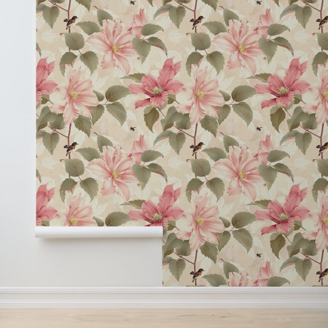 クリマティス花は鳥とミツバチと一緒に花を咲かせる 壁紙 (アプリケーション)