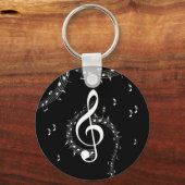 クリマティックGクレフ、 音符記号ホワイトミュージックオンブラック キーホルダー (正面)