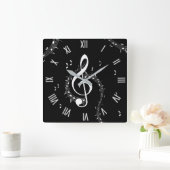 クリマティックGクレフ、 音符記号ミュージックレッド(ホワイトナンバー付) スクエア壁時計 (ホーム)