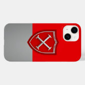 クリムゾンとシルバーグレーの背景でシールド Case-Mate iPhoneケース (裏面 (横))