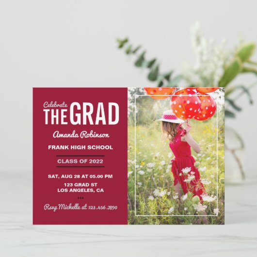 クリムゾンとホワイトの卒業パーティーの写真 招待状 (スタンド正面)