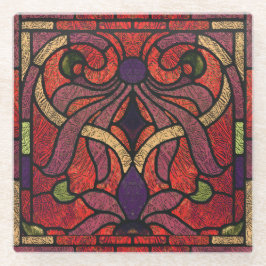 クリムゾンと金ゴールドのステンドグラスデザイン ガラスコースター