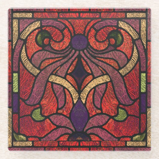 クリムゾンと金ゴールドのステンドグラスデザイン ガラスコースター (正面)