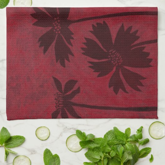 クリムゾンの背景の花の頭のシルエット キッチンタオル (折り畳み)