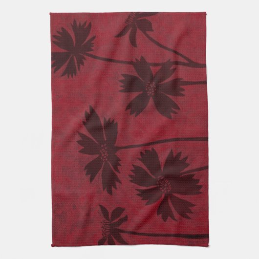 クリムゾンの背景の花の頭のシルエット キッチンタオル (縦)