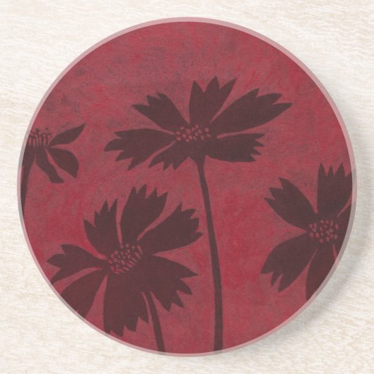 クリムゾンの背景の花の頭のシルエット コースター (正面)