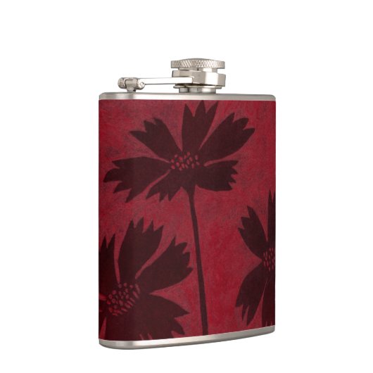 クリムゾンの背景の花の頭のシルエット フラスク (右)