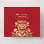 クリムゾンエレガンスモダンレッド&金ゴールドインディアン結婚ズ オールインワン招待状 (裏面)
