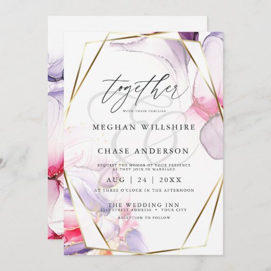 クリムゾンエレガントピンクと薄紫流体の水色 招待状 (正面/裏面)