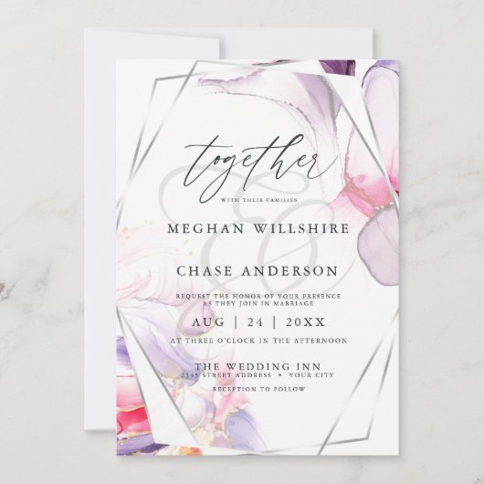 クリムゾンエレガントピンクと薄紫流体インク 招待状 (正面)