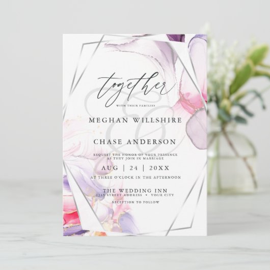 クリムゾンエレガントピンクと薄紫流体インク 招待状 (スタンド正面)