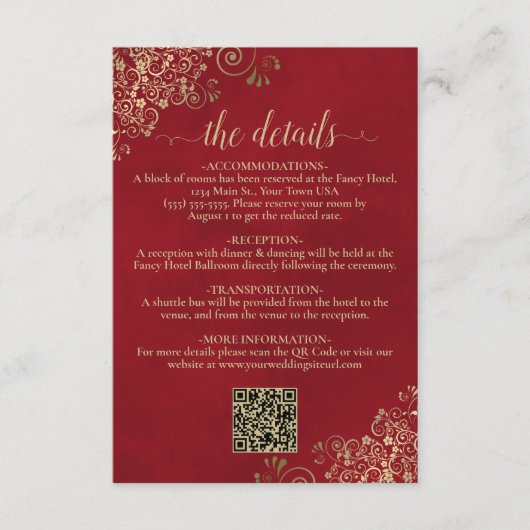 クリムゾンエレガントレッドと金ゴールド結婚のQRコード詳細 エンクロージャーカード (正面)