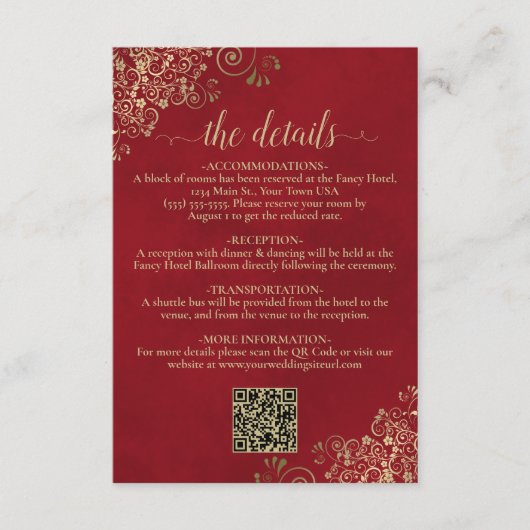 クリムゾンエレガントレッドと金ゴールド結婚のQRコード詳細 エンクロージャーカード (正面)