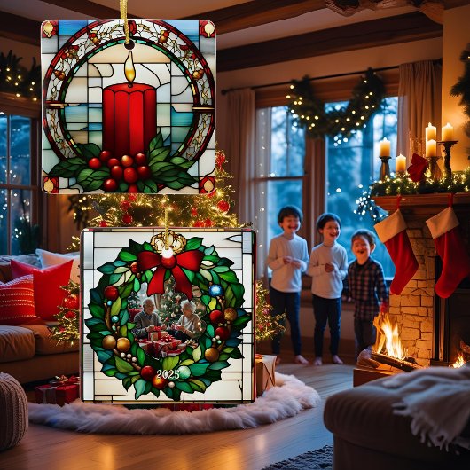 クリムゾンクリスマスキャンドルフェイクステンドグラス セラミックオーナメント