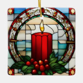 クリムゾンクリスマスキャンドルフェイクステンドグラス セラミックオーナメント (正面)