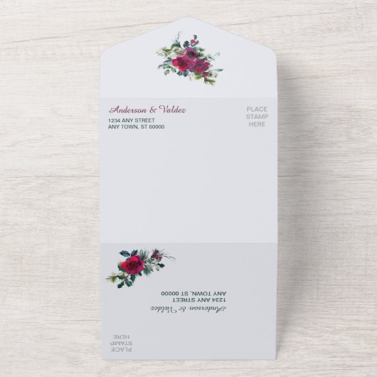 クリムゾンクリスマスローズ結婚ブーケが一斉に オールインワン招待状 (外側)
