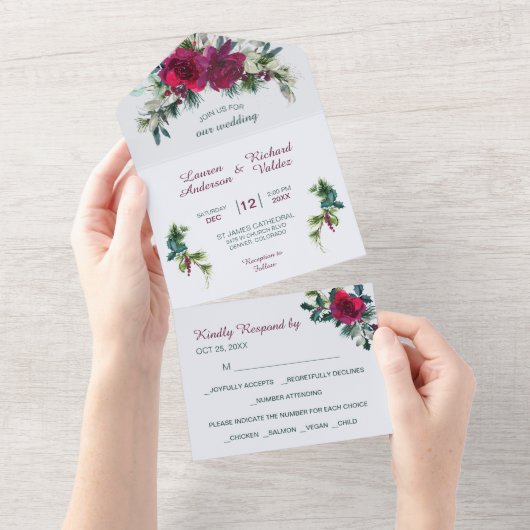 クリムゾンクリスマスローズ結婚ブーケが一斉に オールインワン招待状 (貼ってはがせる)