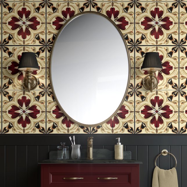 クリムゾングランデル – 赤、ベージュ、黒伝統的- 壁紙 (Crimson Elegance Peel and Stick Wallpaper)