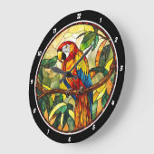 クリムゾンジャングルの時間» – ステンドグラス赤いオウム ラージ壁時計 (傾斜)