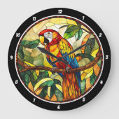 クリムゾンジャングルの時間» – ステンドグラス赤いオウム ラージ壁時計 (正面)