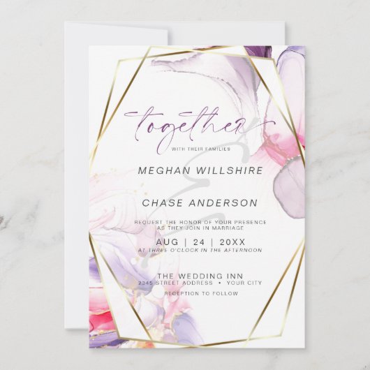 クリムゾンピンク薄紫流体アルコールインクウォーターカラー 招待状 (正面)