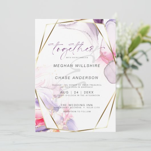 クリムゾンピンク薄紫流体アルコールインクウォーターカラー 招待状 (スタンド正面)