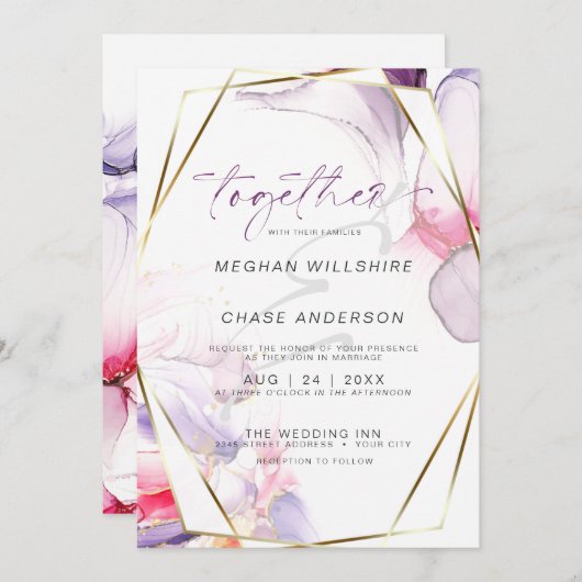 クリムゾンピンク薄紫流体アルコールインクウォーターカラー 招待状 (正面/裏面)