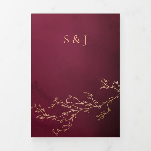 クリムゾンレッドと金ゴールド植物優雅な結婚式 三つ折り招待状 (カバー)
