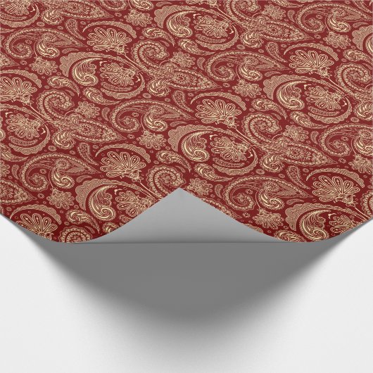 クリムゾンレッドアンドベージュクレメヴィンテージペイズリー ラッピングペーパー (角)
