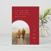 クリムゾンレッドシンプルホワイト結婚フォト セーブザデート (スタンド正面)