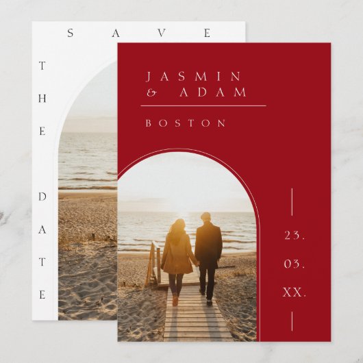 クリムゾンレッドシンプルホワイト結婚フォト セーブザデート (正面/裏面)