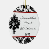 クリムゾンレッドダマスクレースパーソナライズされたネームオーナメント セラミックオーナメント (右)