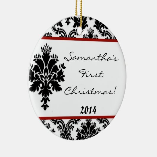 クリムゾンレッドダマスクレースパーソナライズされたネームオーナメント セラミックオーナメント (右)