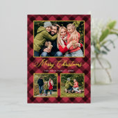 クリムゾンレッドバッファロープレイドクリスマスフォトコラージュ 箔シーズンカード (立ち正面)