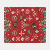 クリムゾンレッドフォークアートクリスマス フリースブランケット (正面(横))