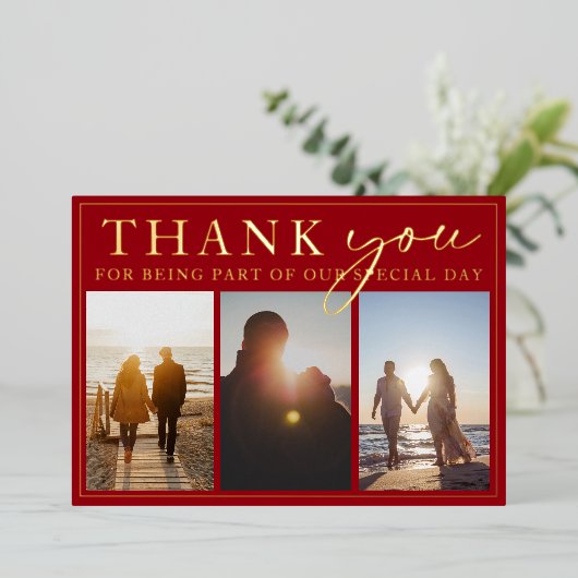 クリムゾンレッドブラック結婚写真の感謝金ゴールド 箔招待状 (立ち正面)