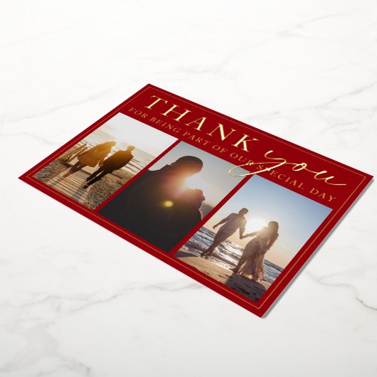 クリムゾンレッドブラック結婚写真の感謝金ゴールド 箔招待状 (回転した状態)