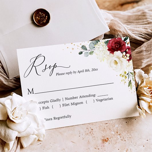 クリムゾンレッドホワイトフローラ金ゴールド結婚紙吹雪 出欠カード