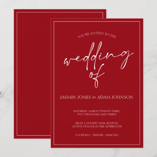 クリムゾンレッドミニマルスクリプト結婚式招待状 シーズンカード (正面/裏面)